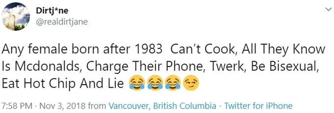 Eat Hot Chip And Lie — Screenshot of November 2018 tweet by @realdirtjane spreading the copypasta.