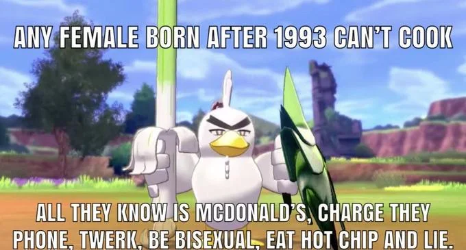 Eat Hot Chip And Lie — Pokémon Sword and Shield screenshot of Sirfetch'd with full copypasta text.