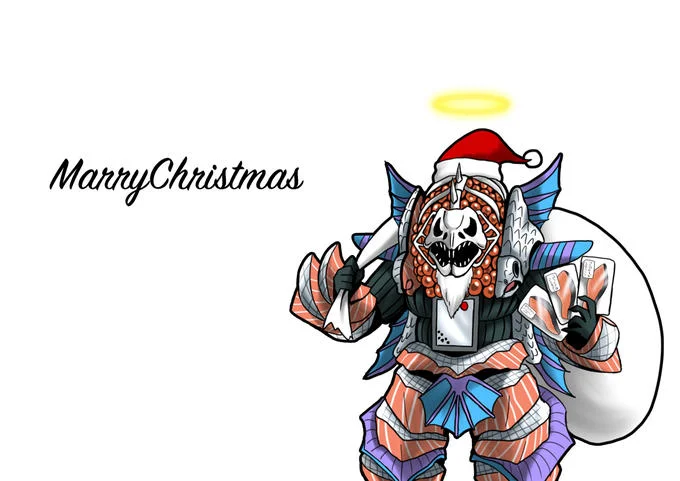 Eat Salmon On Christmas — Fan illustration of Samon Shakekistantin in Santa costume with halo on white background.