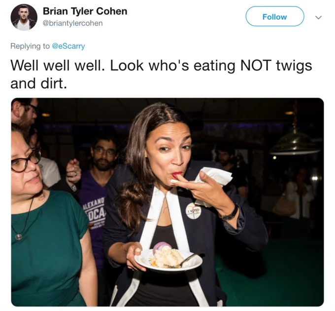 Ed Scarrys Ocasio Cortez Coat Tweet — Brian Tyler Cohen mock reply with photo of AOC eating dessert