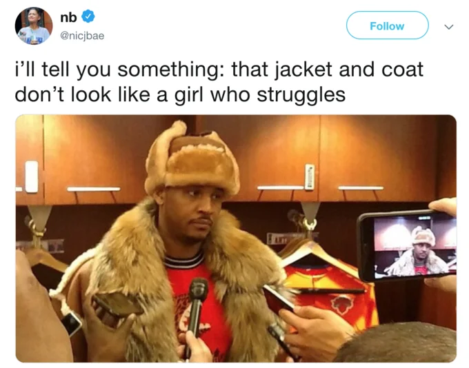 Ed Scarrys Ocasio Cortez Coat Tweet — Tweet applying Scarry's quote to Carmelo Anthony in a fur coat
