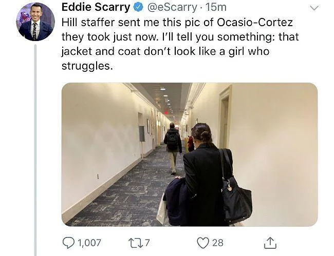 Ed Scarrys Ocasio Cortez Coat Tweet — Screenshot of Eddie Scarry's viral tweet about AOC's coat and jacket