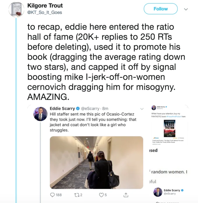 Ed Scarrys Ocasio Cortez Coat Tweet — Tweet recapping Eddie Scarry's viral ratio and book promotion