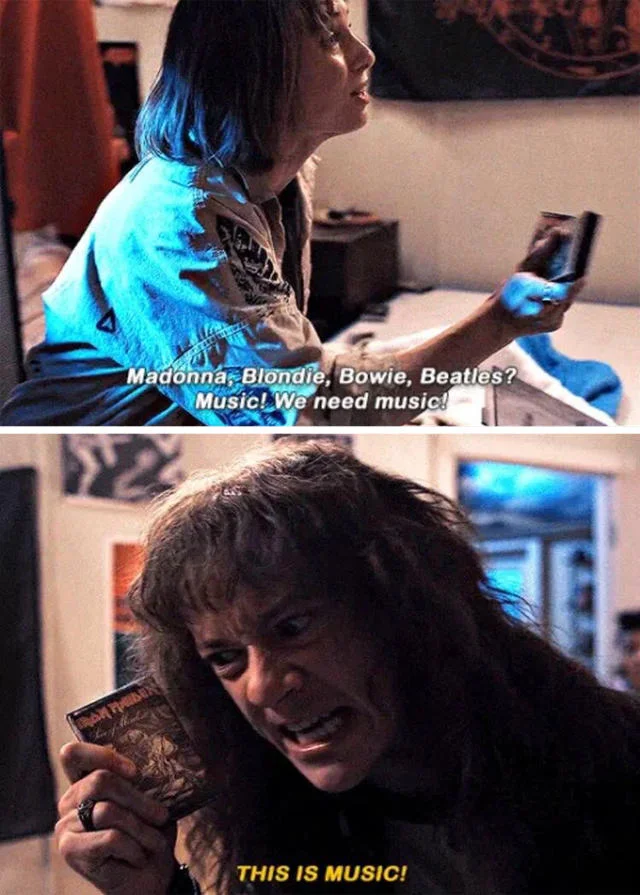 Eddie Munsons This Is Music — Two-panel Stranger Things scene with Wayne asking for music and Eddie holding Iron Maiden cassette