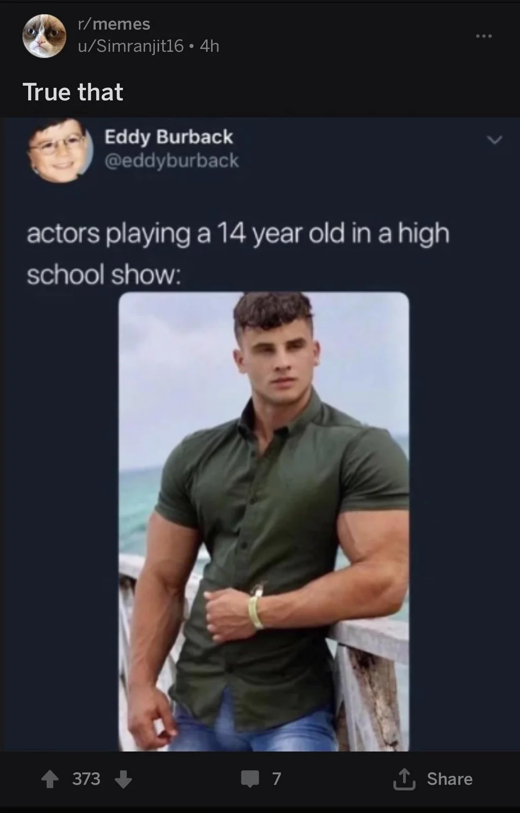 Reddit meme about young actors in TV shows, Eddy Burback format with muscular man image