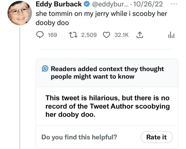 Twitter screenshot of Eddy Burback's absurdist humor tweet with community notes