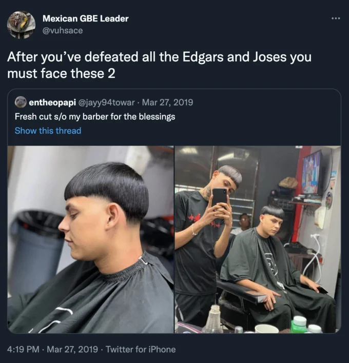 Twitter screenshot joking about defeating final boss Edgars with haircut photos