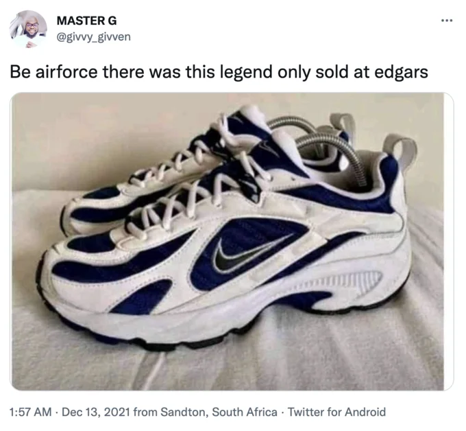 Tweet showing Nike sneakers joking they were only sold to Edgars