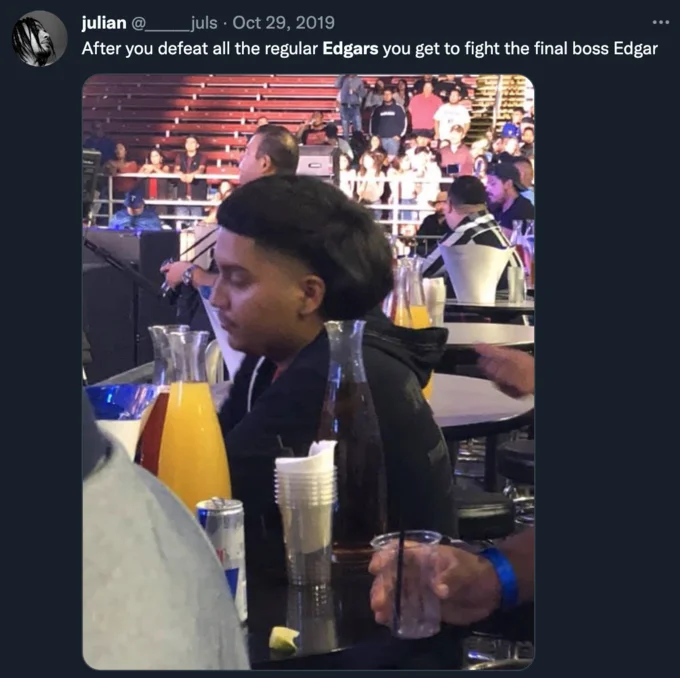 Tweet showing young man with Edgar haircut labeled final boss Edgar