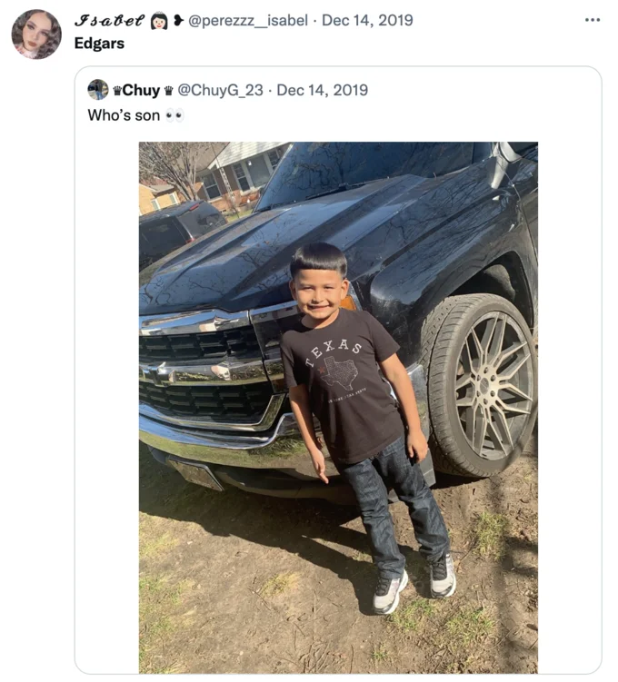 Tweet captioned Edgars showing young boy with Edgar haircut by truck