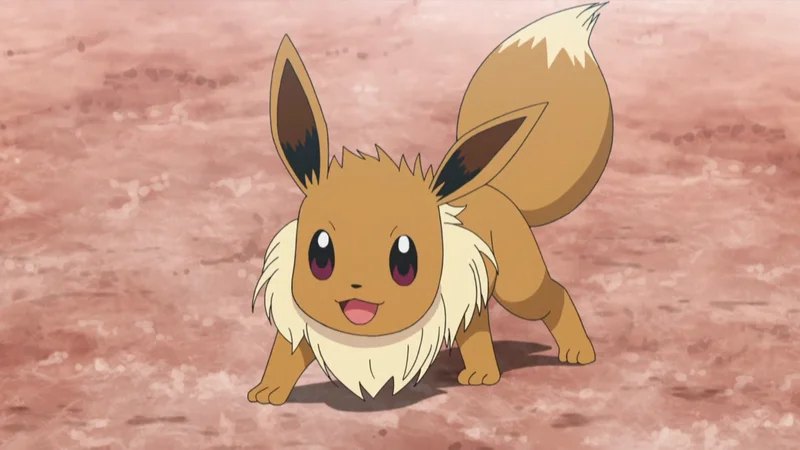 Eevee from the Pokemon anime in a playful crouching pose