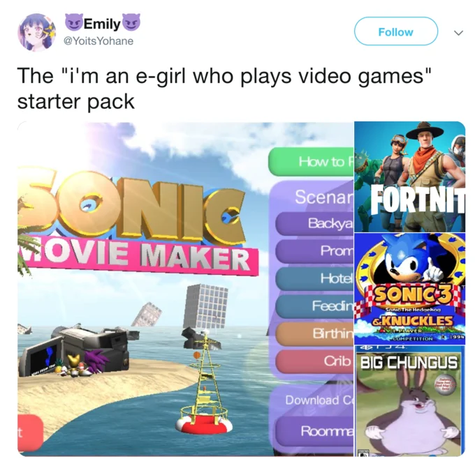 E-Girl / E-Boy — E-girl gaming starter pack meme with Sonic, Fortnite and popular games