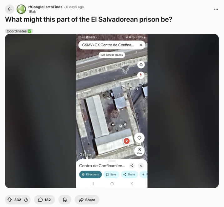 El Salvador Cecot Satellite Images — Reddit post from r/GoogleEarthFinds showing Google Maps satellite view of CECOT prison facility.