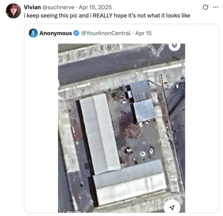 El Salvador Cecot Satellite Images — Twitter post from @suchnerve expressing concern about the CECOT satellite image appearance.