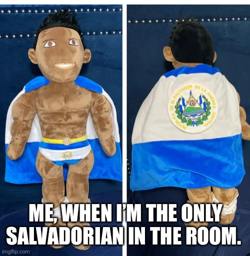 Cartoon illustration of muscular character in El Salvador flag colors with national shield emblem.