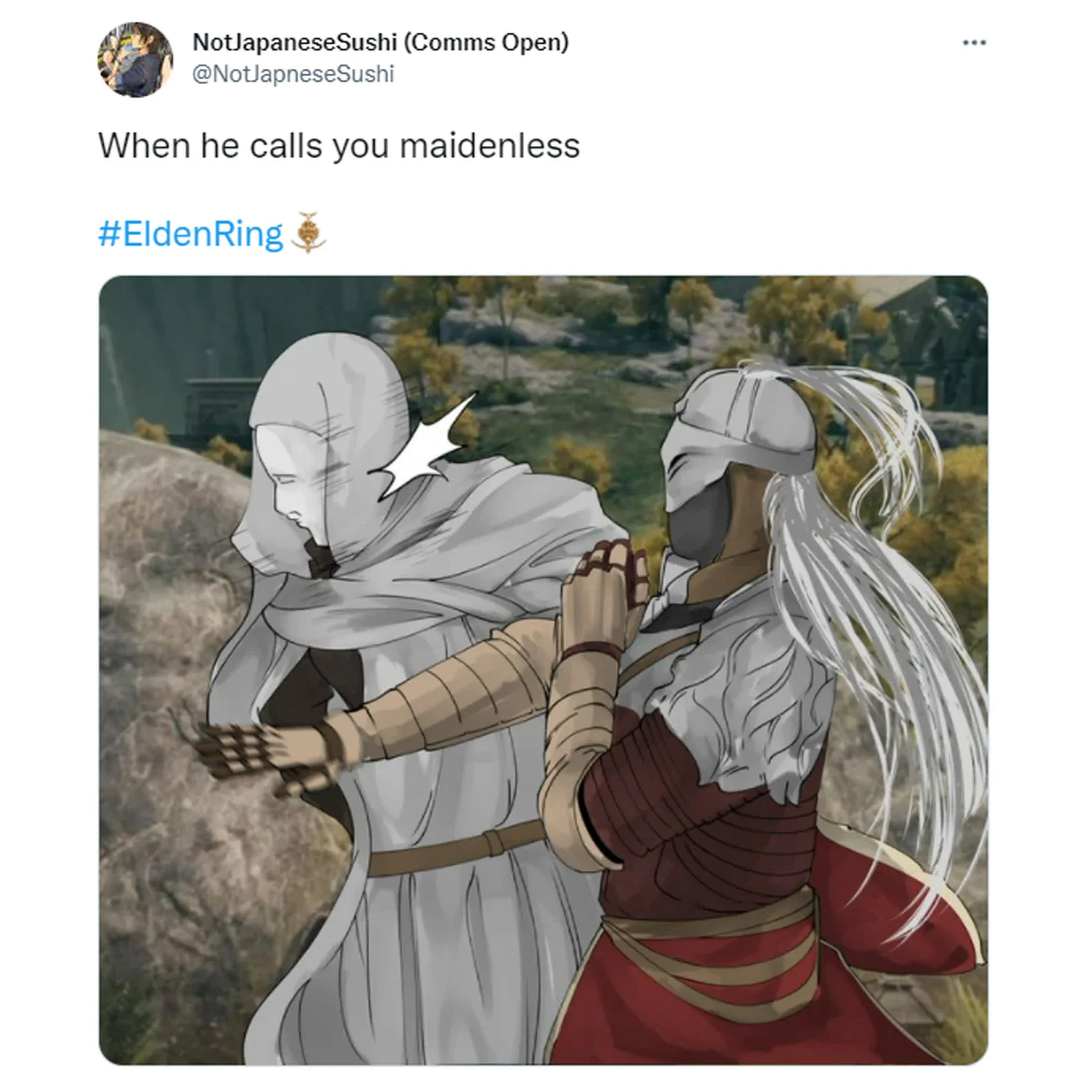 Elden Ring Memes — Twitter post about Elden Ring with fan artwork of character interactions