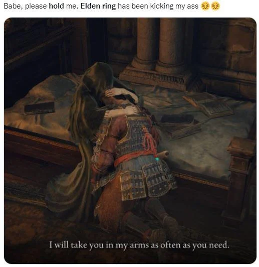 Elden Ring Memes — Elden Ring meme pairing difficulty complaints with supportive in-game dialogue
