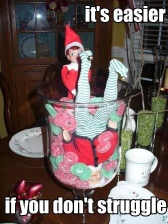 Elf on the Shelf — Elf on Shelf meme in laundry basket with text about struggles