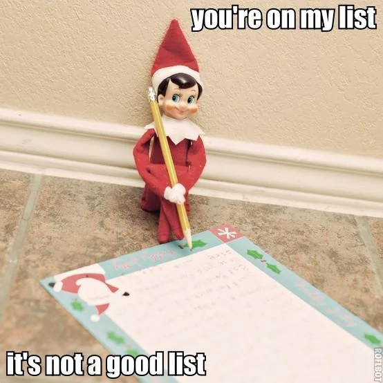 Elf on the Shelf — Elf on Shelf next to checklist with text about being on a naughty list