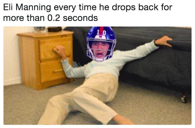 Eli Manning Exasperated Reaction — Meme of Eli Manning's face pasted onto a falling child body with a joke about his offensive line