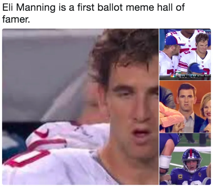 Eli Manning Exasperated Reaction — Tweet calling Eli Manning a first ballot meme hall of famer, with a collage of his famous reaction photos