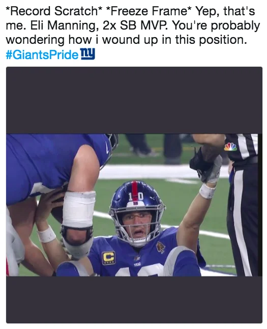 Eli Manning Exasperated Reaction — Record scratch freeze frame joke tweet featuring Eli Manning's exasperated reaction