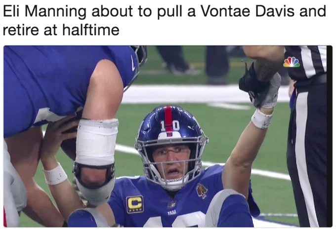 Eli Manning Exasperated Reaction — Tweet joking Eli Manning is about to retire at halftime like Vontae Davis, with the reaction photo