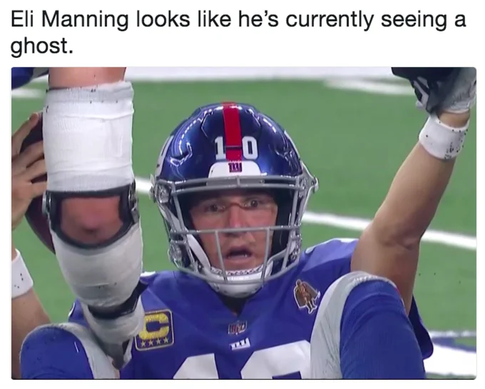 Eli Manning Exasperated Reaction — Tweet joking that Eli Manning looks like he is seeing a ghost, with the exasperated reaction photo