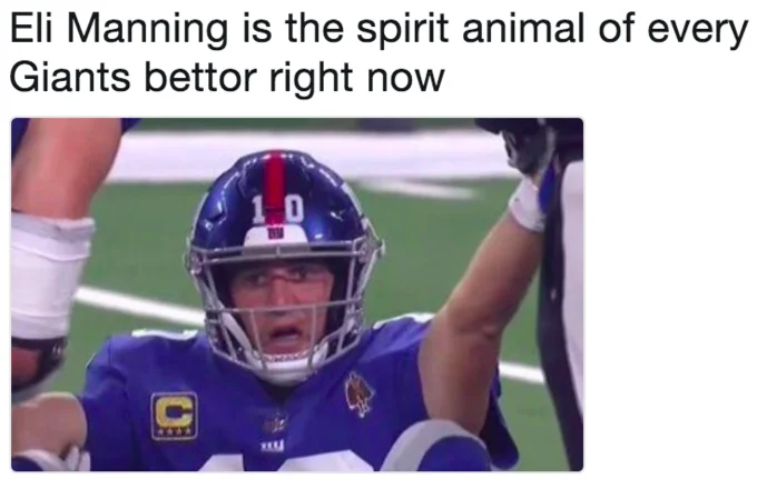 Eli Manning Exasperated Reaction — Tweet declaring Eli Manning the spirit animal of Giants bettors, with the reaction photo