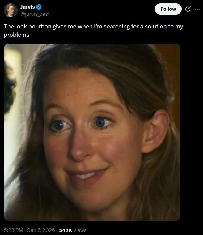 Elizabeth Holmes and Nathan Fielder "Why Would I Deceive You?" — Jarvis tweet about bourbon over close-up of Elizabeth Holmes smiling wide-eyed