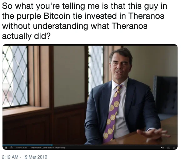 Elizabeth Holmes Theranos Fraud Case — Tweet screenshot mocking a Theranos investor in a purple Bitcoin tie from the HBO documentary