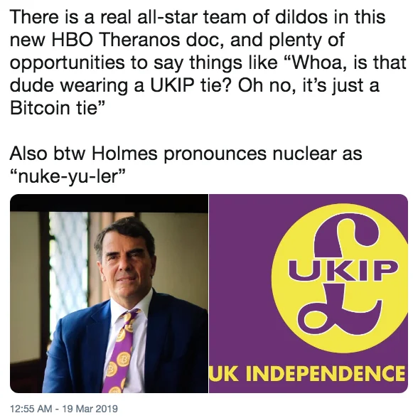 Elizabeth Holmes Theranos Fraud Case — Tweet comparing Theranos investor's purple Bitcoin tie to the UKIP party logo