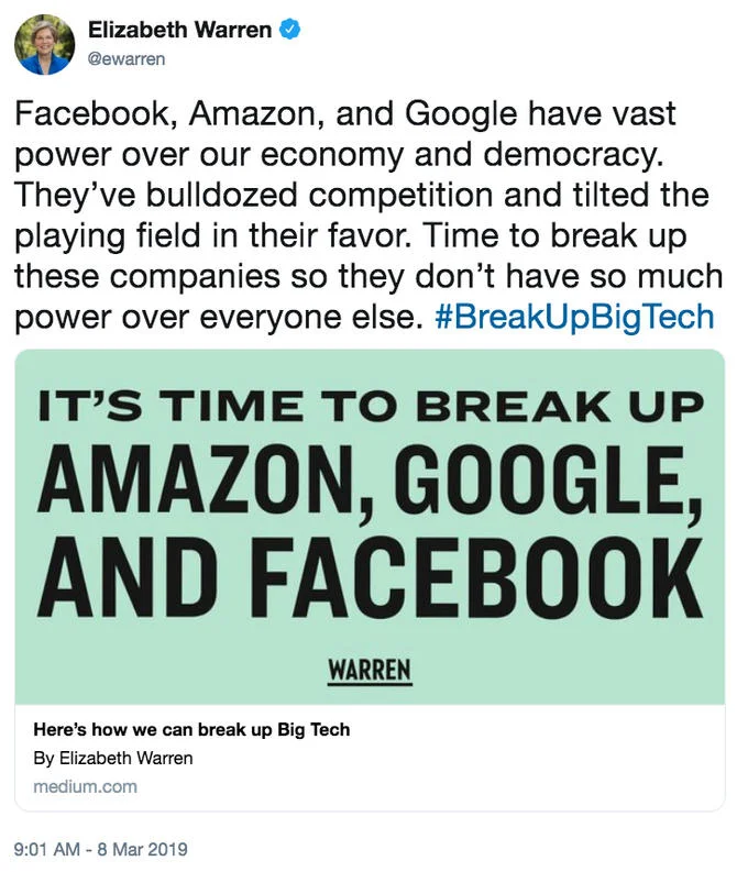 Elizabeth Warren — Warren tweet calling to break up Amazon Google and Facebook