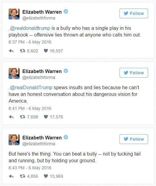 Three Elizabeth Warren tweets replying to Trump calling him a bully