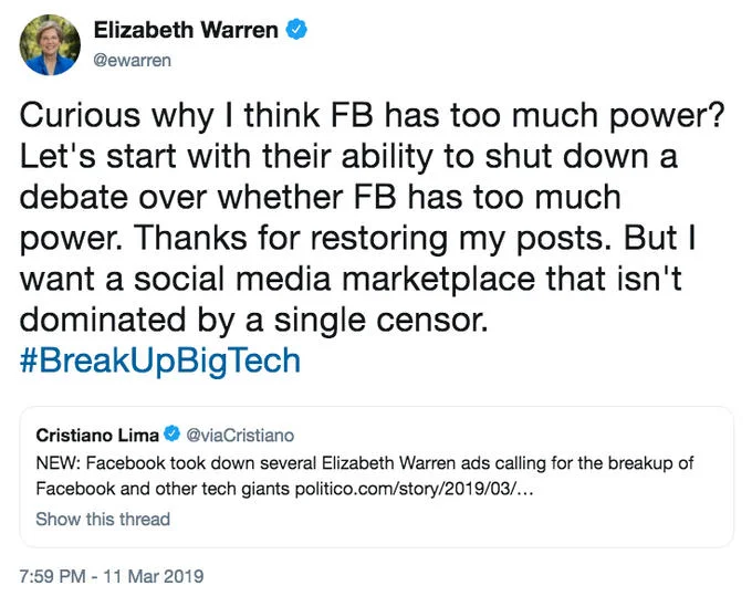 Elizabeth Warren — Warren tweet criticizing Facebook after ads were removed and restored