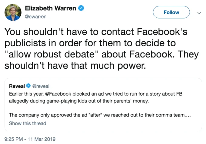 Elizabeth Warren — Warren tweet about Facebook publicists and robust debate