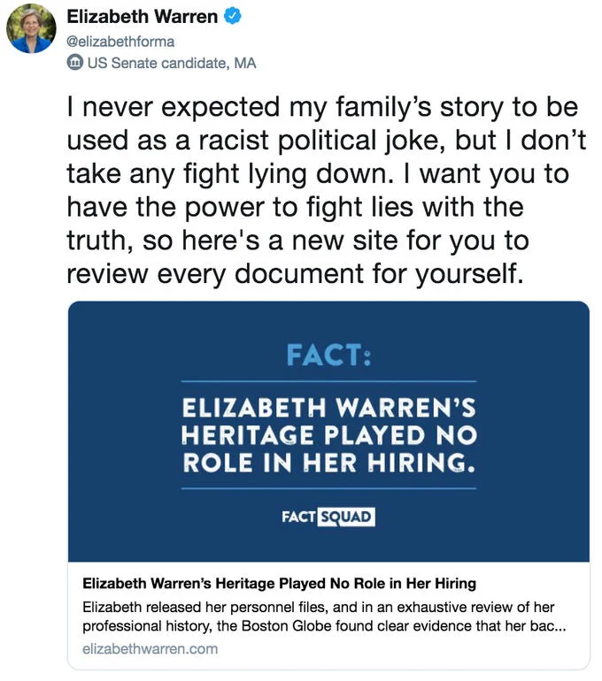 Elizabeth Warren — Warren tweet defending her family heritage with Fact Squad graphic