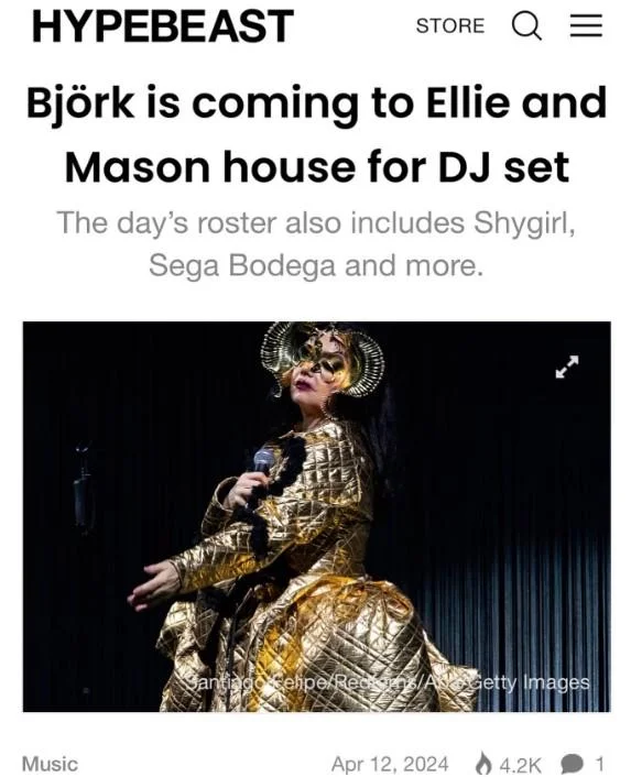Fake Hypebeast article: 'Björk is coming to Ellie and Mason house for DJ set'