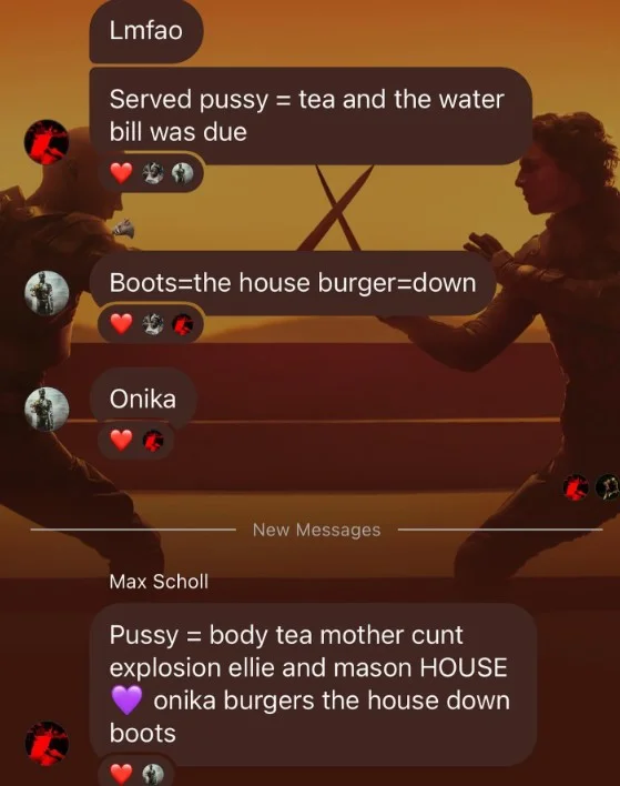 Group chat screenshot combining Nicki Minaj lyrics with Ellie and mason HOUSE reference