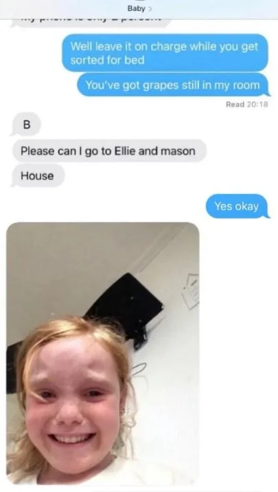 Ellie and Mason House — iMessage showing mother saying 'Yes okay' with smiling child photo