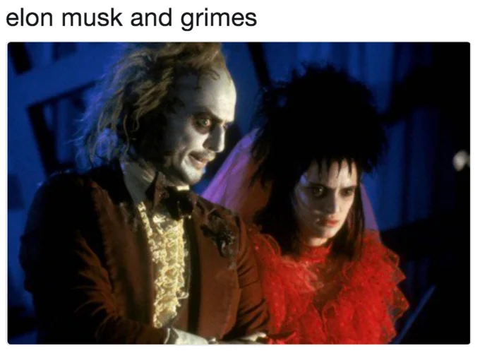 Elon Musk And Grimes Couple Photo Parodies — Beetlejuice and Lydia Deetz meme labeled as Elon Musk and Grimes