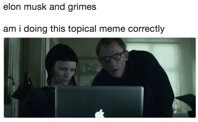 Elon Musk And Grimes Couple Photo Parodies — Girl with the Dragon Tattoo meme labeled elon musk and grimes am i doing this topical meme correctly