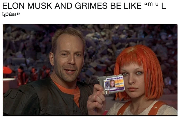 Elon Musk And Grimes Couple Photo Parodies — Fifth Element multipass scene meme comparing Bruce Willis and Leeloo to Elon Musk and Grimes
