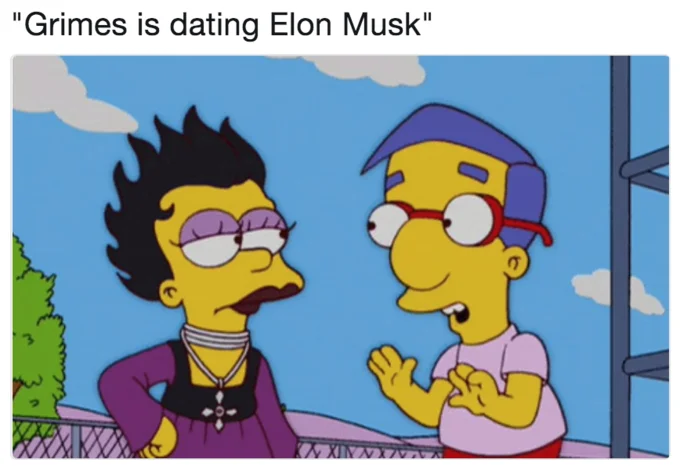 Elon Musk And Grimes Couple Photo Parodies — Simpsons Bart and Milhouse meme captioned Grimes is dating Elon Musk