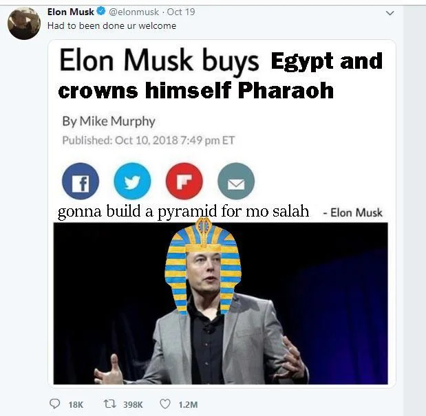 Elon Musk Buys And Deletes — Meme of Elon Musk as an Egyptian Pharaoh buying Egypt