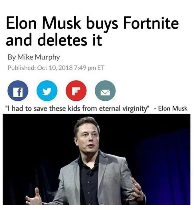 Elon Musk Buys And Deletes — Fake news headline reading Elon Musk buys Fortnite and deletes it