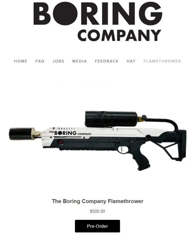 Elon Musk Flamethrower — Boring Company website Flamethrower pre-order page priced at $500