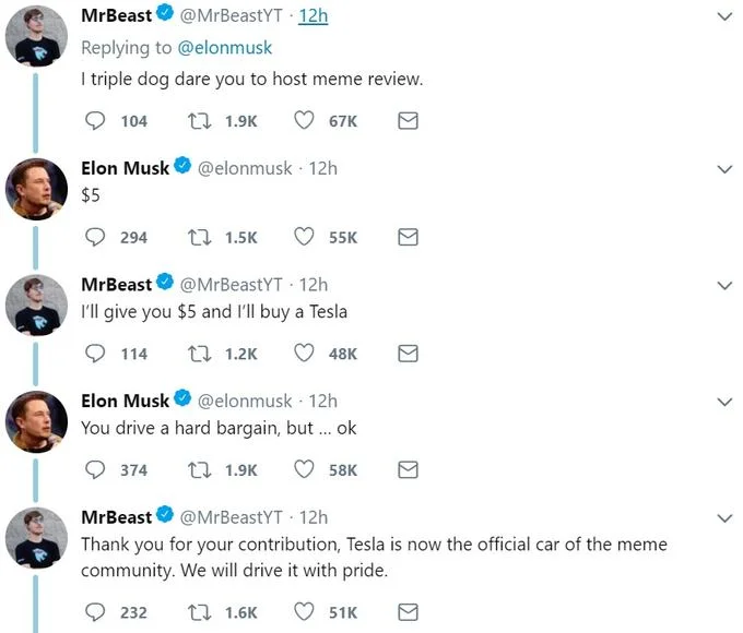 Elon Musk Holding A Minigun — Twitter conversation screenshot between MrBeast and Elon Musk about hosting meme review
