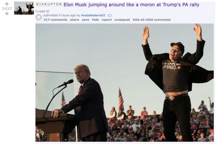 Elon Musk Jumping — Screenshot of a Reddit post featuring the original jumping image with title and comment section visible.