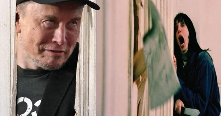 Elon Musk Kubrick Stare — Composite meme with Musk peeking from doorway with intense expression paired with screaming woman.